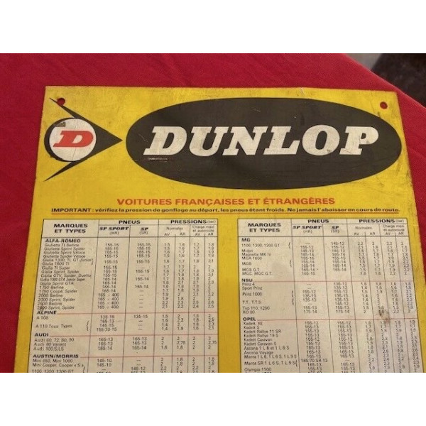 Tableau de gonflage garage DUNLOP SP SPORT d'époque AUTOMOBILIA vintage