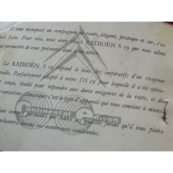 Notice d'emploi originale Radioen S19 Citroën ID DS 19 1963