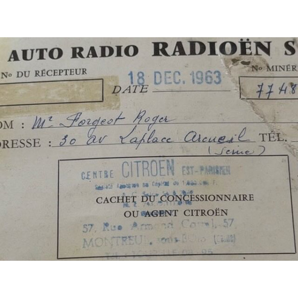 Notice d'emploi originale Radioen S19 Citroën ID DS 19 1963